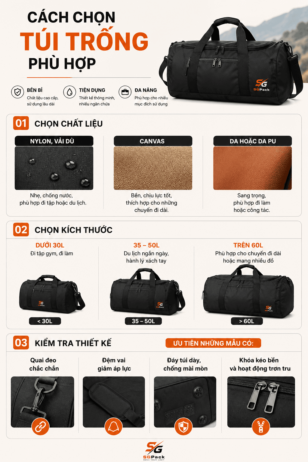 Infographic hướng dẫn cách chọn túi trống phù hợp theo chất liệu, kích thước và thiết kế bền đẹp